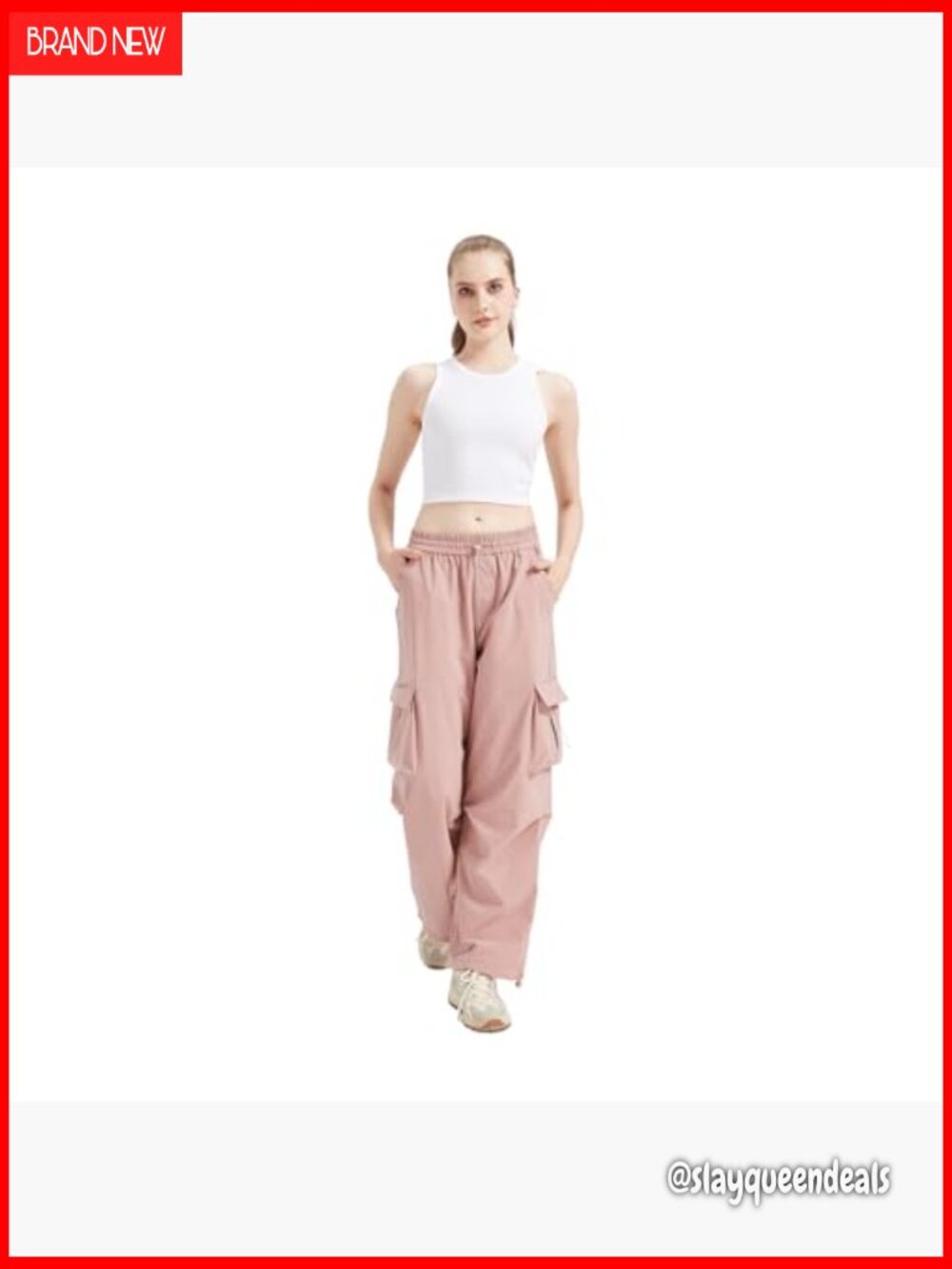 Wide Leg Cargo Pants with 5 Pockets, Waterproof Stretch Fabric, Elastic Waist - Picture 6 of 7